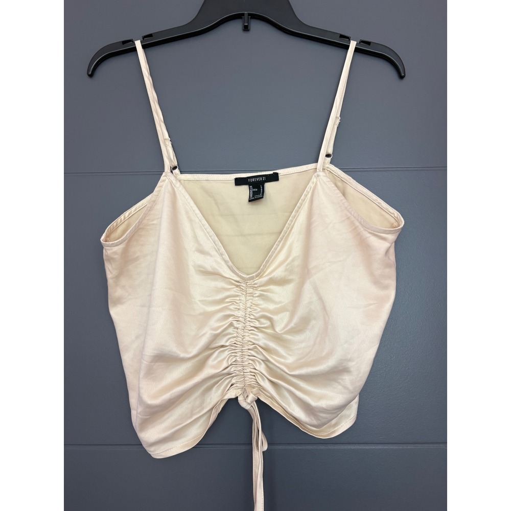 Forever 21 Womens Large Champagne Satin Ruched Tie Front Camisole Cami Crop Top